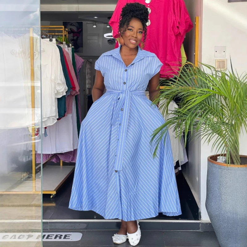 새로운 아프리카 패션 여성 드레스 시크 스트라이프 프린트 반팔 슬림 허리 빅 헴 롱 셔츠 드레스