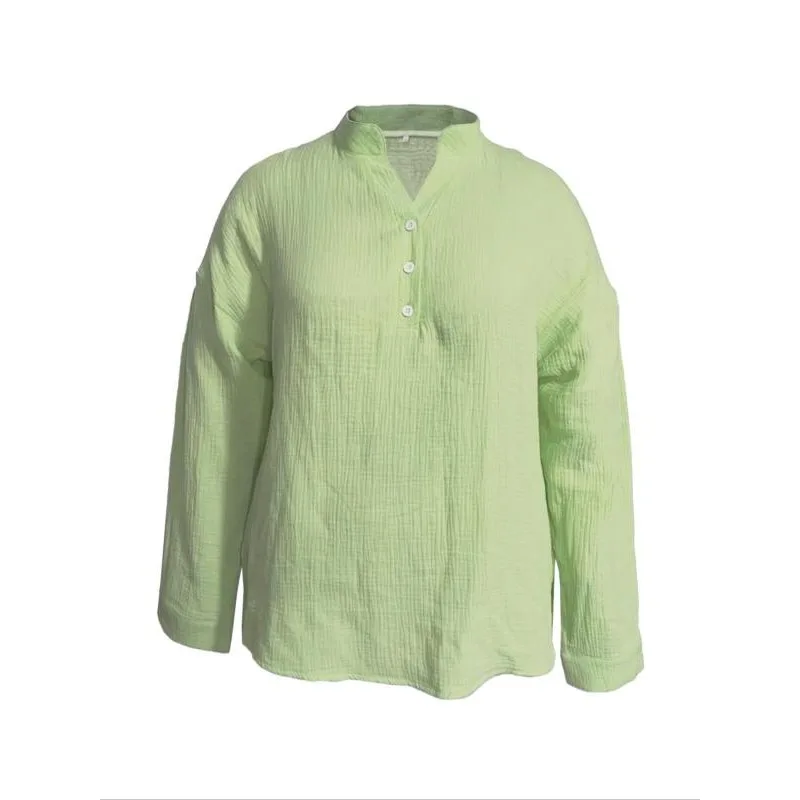 Kemeja Berkancing Kasual Wanita Ukuran Besar 1XL-5XL Kemeja Lengan Panjang Leher V Lipatan Longgar Musim Panas Atasan Blus Solid Wanita