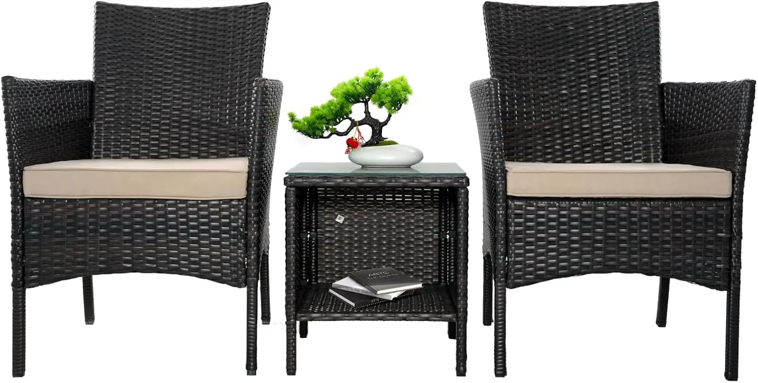 Pátio PE Rattan Wicker Chairs e Coffee Table Set, Mobília do pátio, Bistro Conversa Set com Almofada, Vidro, Varanda, Gramado, Jardim