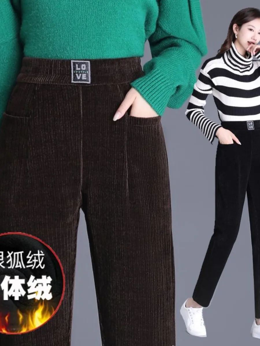 thickened-fleece-lined-casual-harlan-pants-women's-autumn-winter-mom's-style-nine-tenths-length-ear-muff-matching-accessories