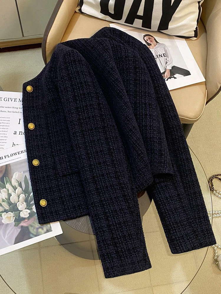 سترات نسائية أنيقة عتيقة بأكمام طويلة ورقبة دائرية وأزرار للمكتب سترة بدلة متينة لخريف وشتاء معاطف دافئة جمالية غير رسمية