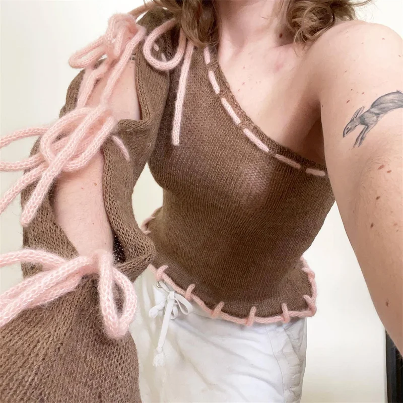 セクシーなワンショルダーロングスリーブボウノットレースアップセーター女性用プルオーバーシアーニットクロップトップ水着ビーチビキニカバーアップ