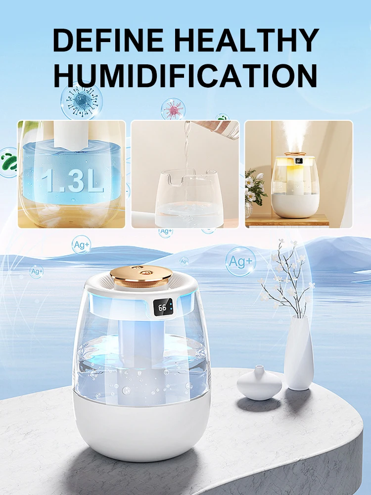 Humidifier 1.3L Water Tank USB Portable Dual Nozzle Cold Fog Bedroom Silent Humidifier Intelligent Digital Display Air Humidity