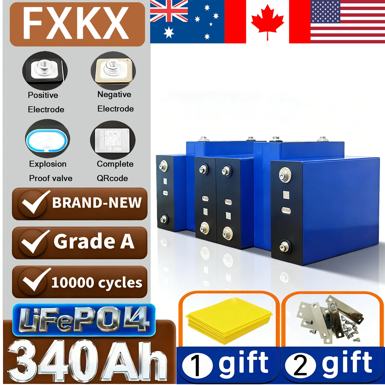 10000 Cycles 3.2V 340AH Lifepo4 Rechargeable Battery Grade A DIY12V 24V 48V RV EV Boat Golf solar energy camping EU Stock