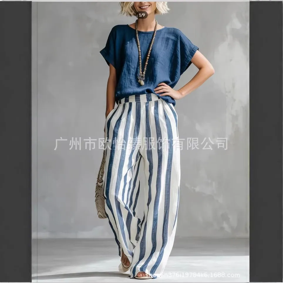 

Summer Womens Matching Sets Cap Sleeve T Shirt Two Piece Wide Leg Pants Striped Tee High Waist Blue Striped Casual Top