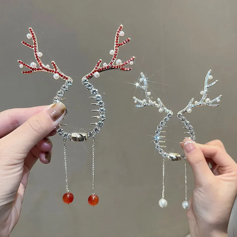 1PC Christmas Antlers Hair Bun Tassel Beads Headdress Pill Head Fixed Disk Hair Grab Clip Hair Ponytail Card Buckle Hair Clip