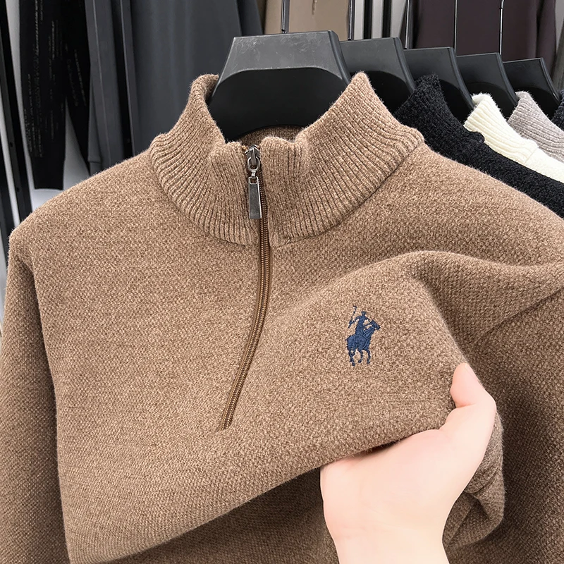 High-End-Markenpullover mit Reißverschluss und Stehkragen für Herren lässige Mode klassische Paul-Stickerei Winter neuer warmer Strickpullover aus Plüsch – Detail 15