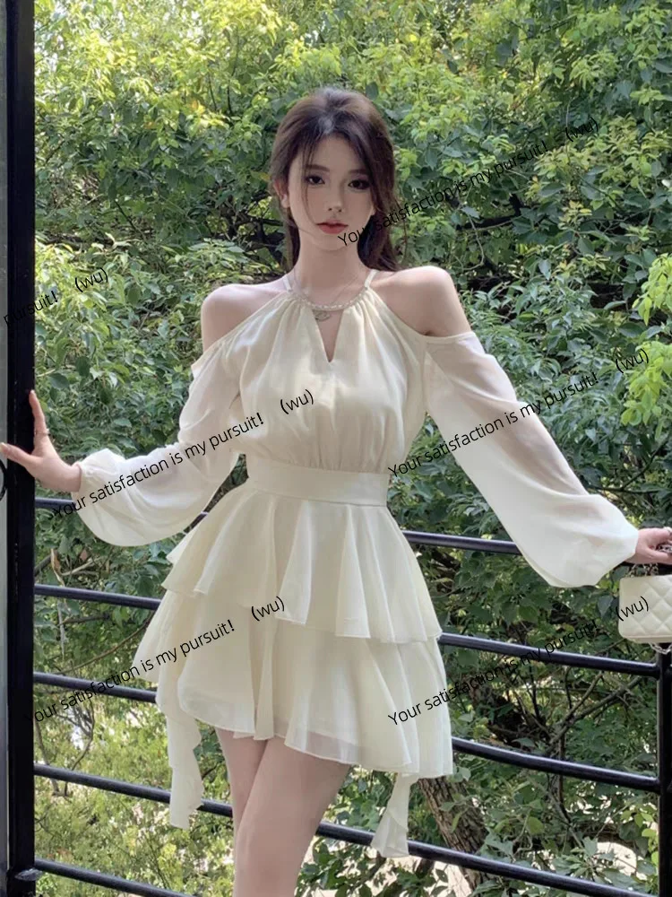 프랑스풍 흰색 긴팔 드레스 요정 여름 요정 허리 쉬폰 짧은 치마 러플 잎사귀 가장자리 케이크 A라인 스커트