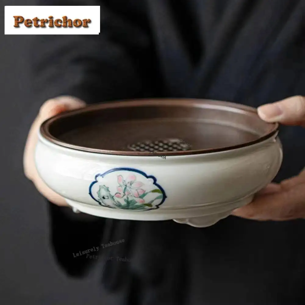 480ml Hand-painted Orchid Pot Bearing Holder Tin Cover Dry Soaking Table Window Oprn High Foot Water Storage Tea Tray Tea Set