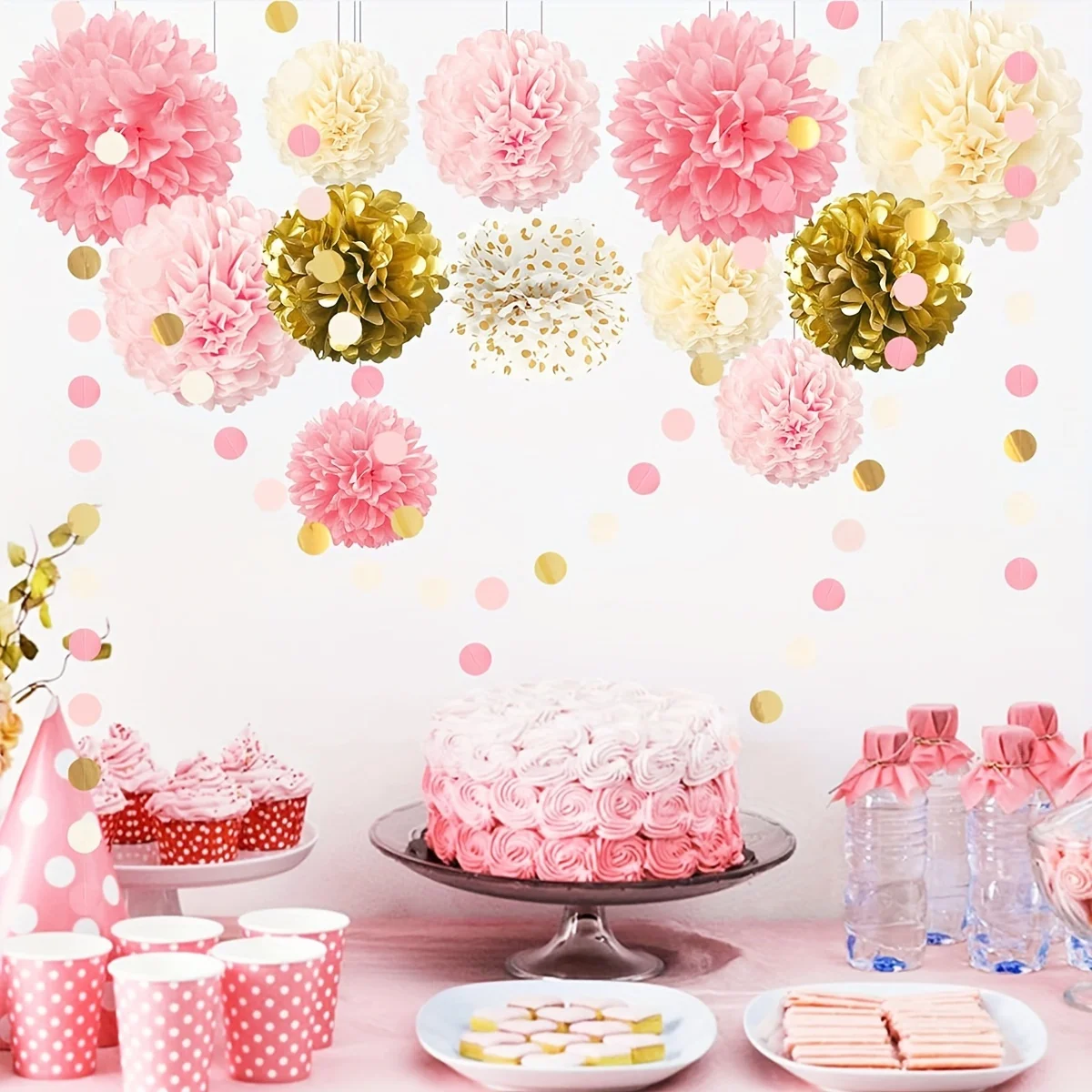 15 Vibrant Paper Pom Poms - Elegant Pink Gold Tissue Flowers for Party Decor - Perfect for Weddings, Birthdays, Showers