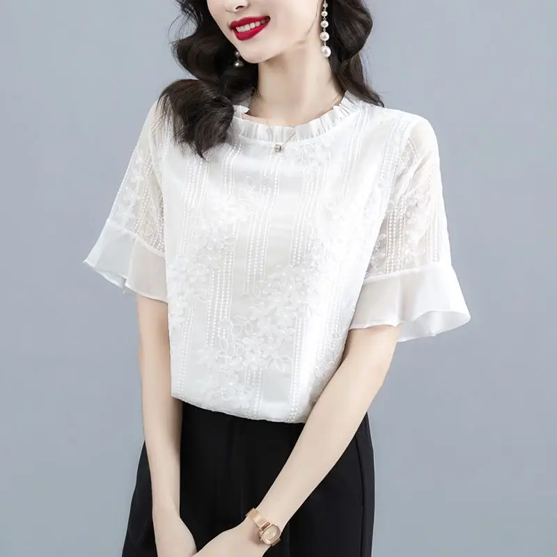 Women Trendy Ruffle Embroidery Sweet Blouses Summer Casual Round Neck Short Sleeve Shirts White Chic Tops Blusa Mujer Moda 2023