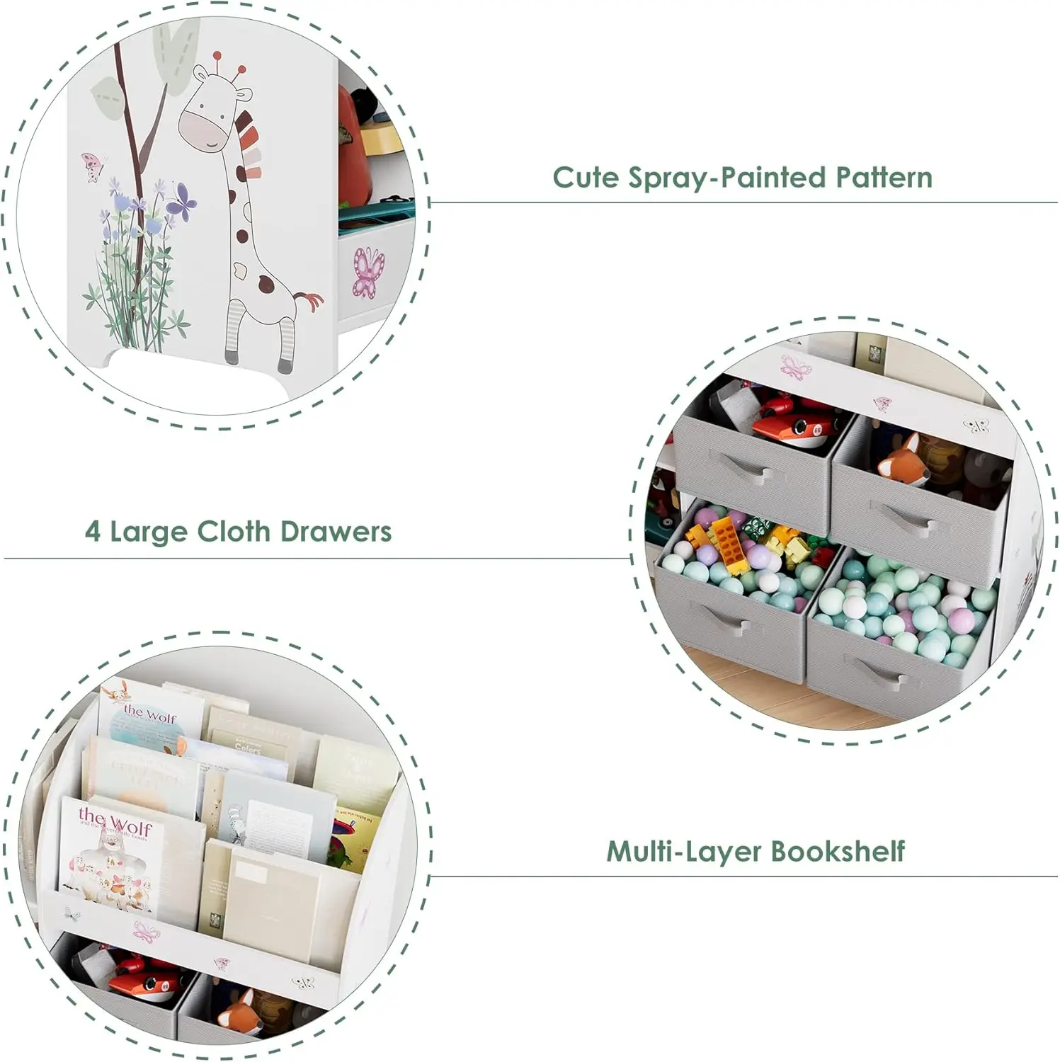 Kids Toy Storage Organizer with 4 Fabric Bins, 3-Tier Book Rack and Open Cubbies for Playroom