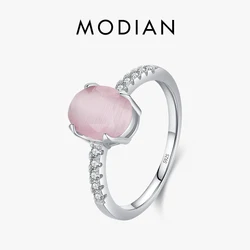 Modian Genuine 925 Sterling Silver Fashion Romantic Oval Pink Opal Finger Ring For Women Girls Charm Party Fine Jewelry Gifts