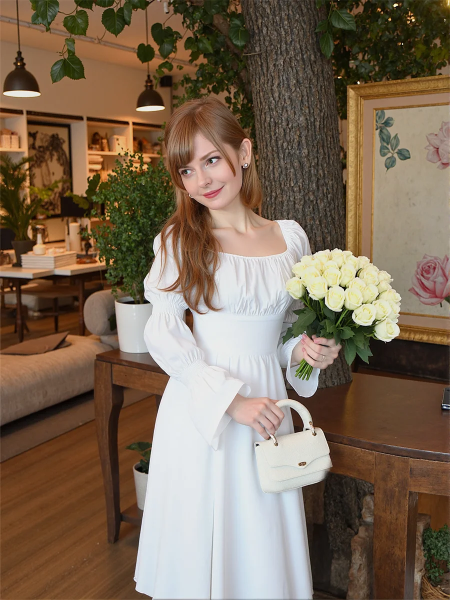 女性用ドレス 女性用 パーティー エレガント スクエアカラー フォールド フリル フリル ボウタイアップ ドローストリング ソフト ヴィンテージ ボヘミアン ロマンチック