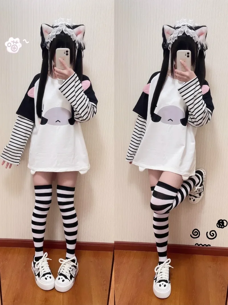 Spring New Original Japanese Cute Fake Two-piece Cartoon Kitten Ears Color Matching Striped Long-Sleeved Sweater Top For Girl