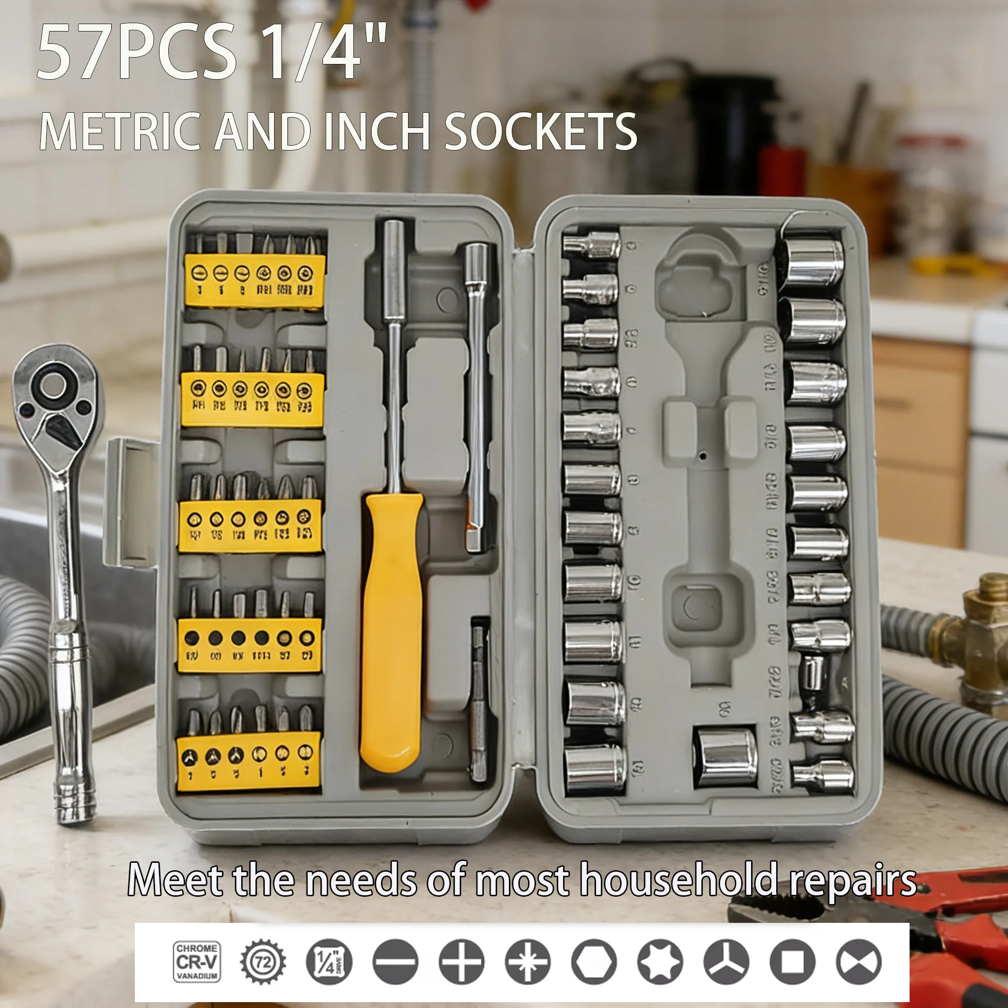 

57Pcs 1/4" Socket Ratchet Wrench Set Complete Car Repair Tools Set for Car Bike Motorcycle Maintenance Mechanic Tools