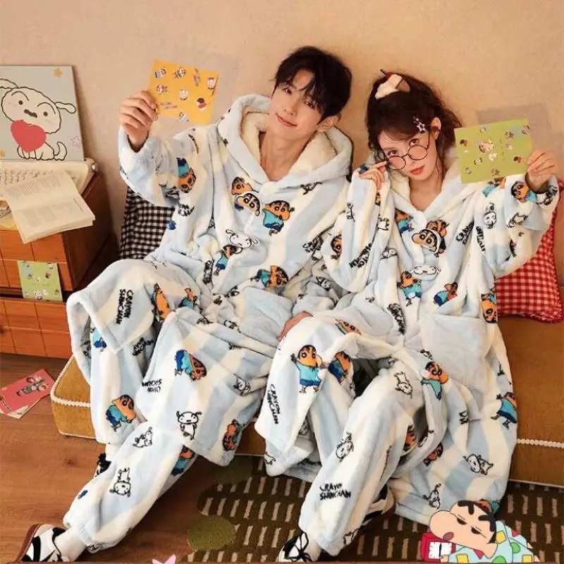 Anime Crayon Shin-Chan Sleepwear Cute Couple Cartoon Coral Velvet Pajamas Winter Men's and Women's Thickened Robe Loungewear