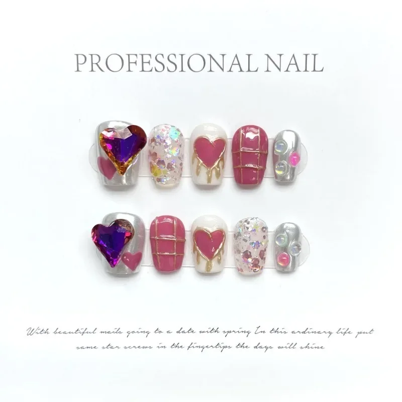 Sweetheart Pink Sequin Short Y2k Press on Acyrlic Nails Handmade with Charms Square Cheap Cute False Nails with Box and Tools