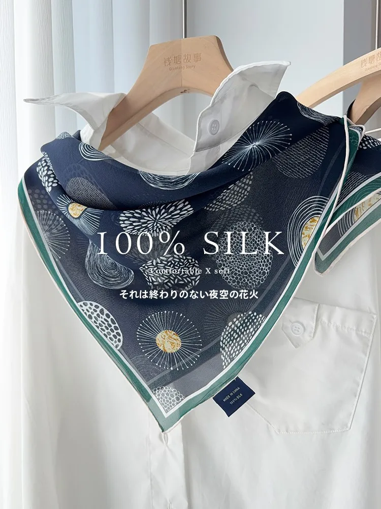 ミスティック-サイレント-シルク-スカーフ-女性用-春夏-カームブルートーン-マルベリーシルク-スクエアスカーフ-ショール-多用途-エスニックスタイル-プリント