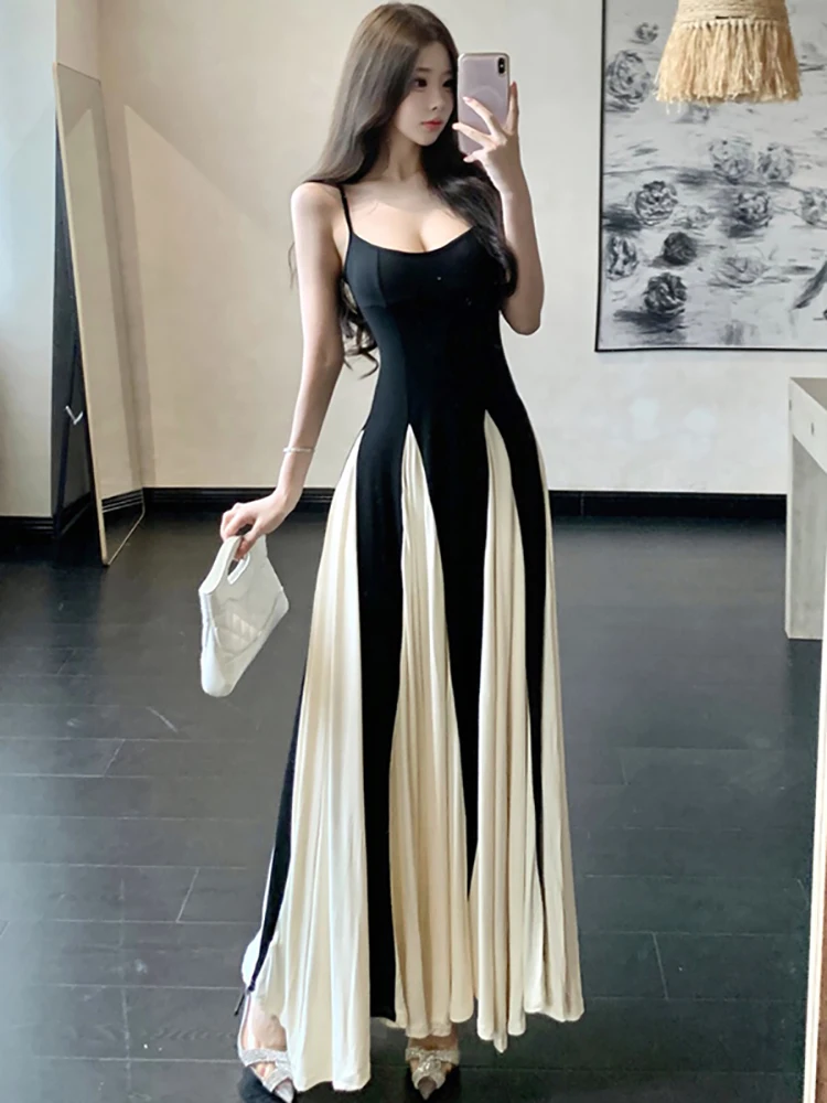 Feminino coreano vintage hepburn luxo vestido longo verão preto retalhos branco babados vestido 2025 elegante bodycon sexy estilingue vestido
