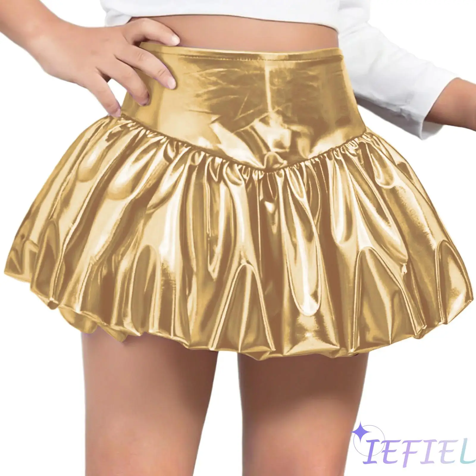 

Kids Girls Disco Party Dance Skirt Metallic Bubble Skirt Elastic Waistband Shiny Bud Skirts Fashion Jazz Cheerleading Dancewear