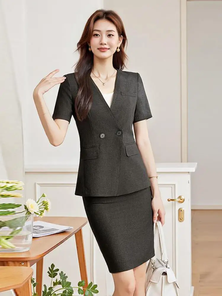 

2025 Summer Ladies Solid V Neck Double Breaste Short Sleeved Blazer Tops And High Waist Skirt Office Business Work Two-piece Set