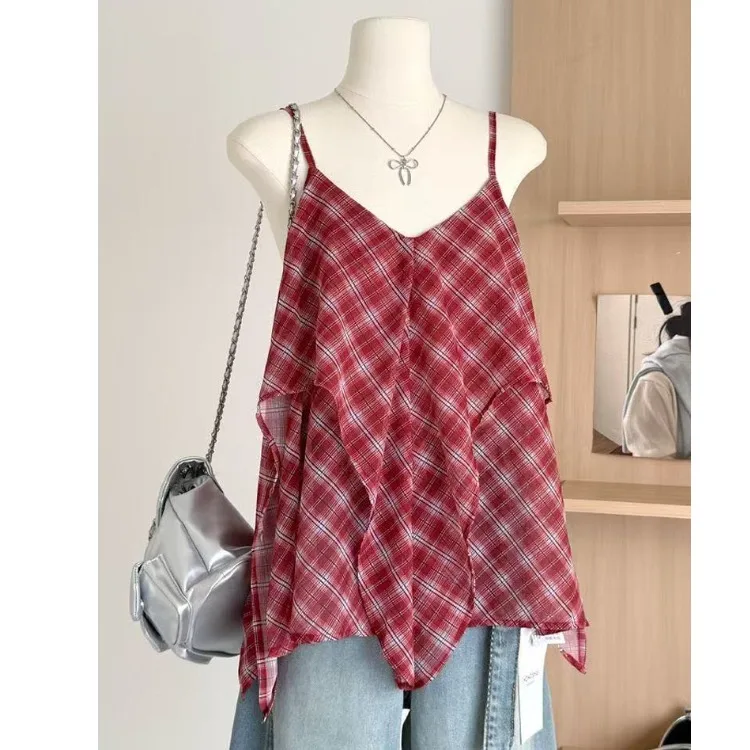 Retro Slim Checkered Double Layer Women's Summer Thin Asymmetrical Strap Vest Casual Style Outerwear Casual Fashion