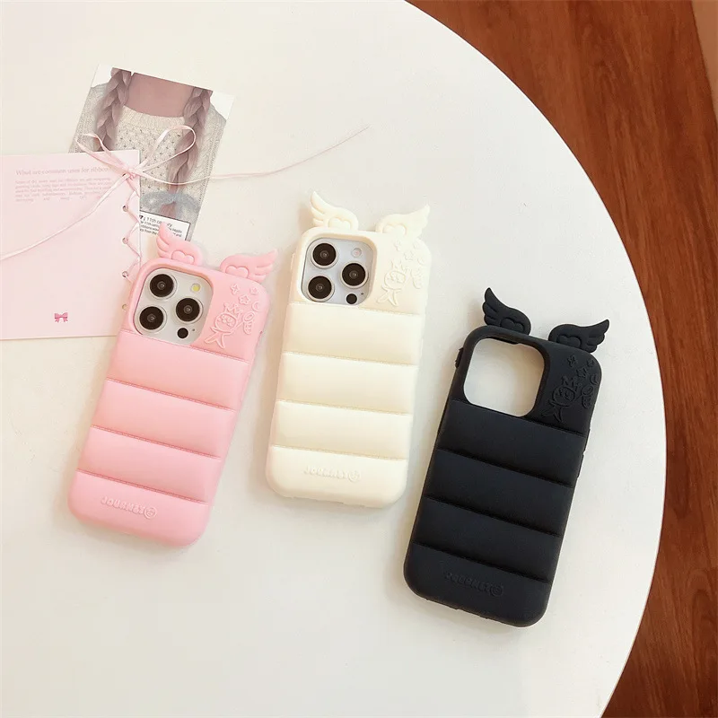 Kawaii 3D Angel Wings einfarbige Handyhülle für iPhone 17, 16, 15, 14, 13, Pro Max Plus, weiche, stoßfeste Silikon-Schutzhülle