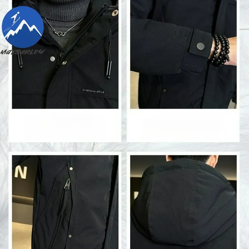 Maxbarley 2026 الشتاء الرجال أسفل سترة الراقية الرجعية بلون الأبيض بطة أسفل سترة دافئة رجل الكورية سميكة مقنعين معطف منتفخ