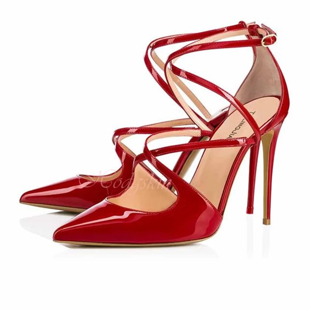 Shiny Leather Straps Sandals Cross Tied Buckles Solid Stiletto Heels Sandals Women New Shoes Summer Pointy Toe Pumps Party Show