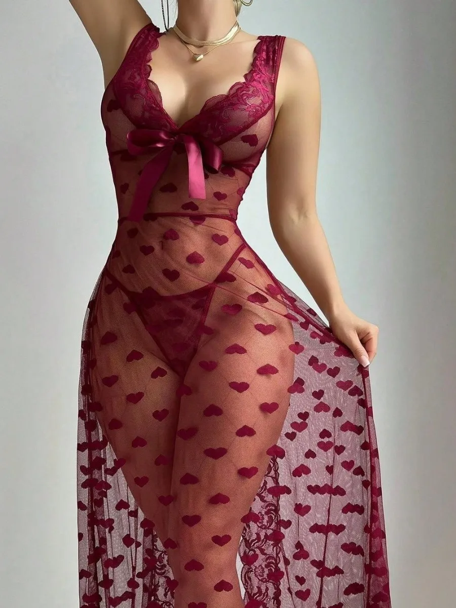 

Sexy Lingerie Mesh Skirt Suspender Nightgown Set Long Sleeve V-Neck Heart Pattern Youth Casual Home Wear Summer Collection
