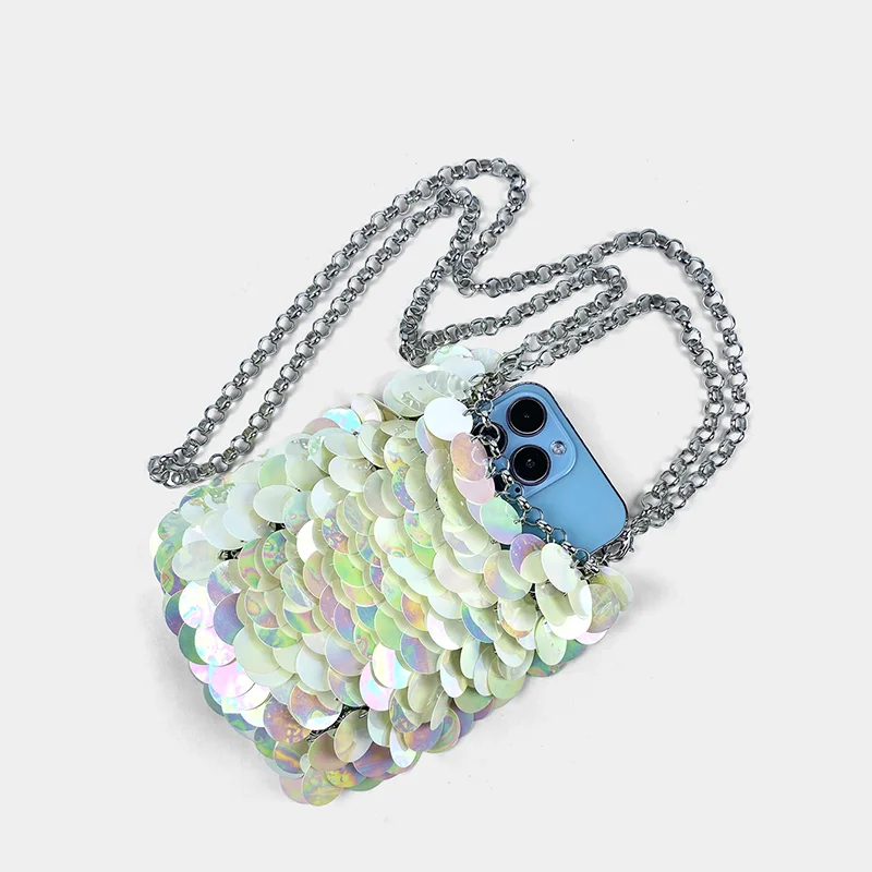 Bolso de lentejuelas de escamas de pescado coloridas para mujer, bolso de banquete tejido a mano, bolso de teléfono móvil, bolso cruzado brillante,