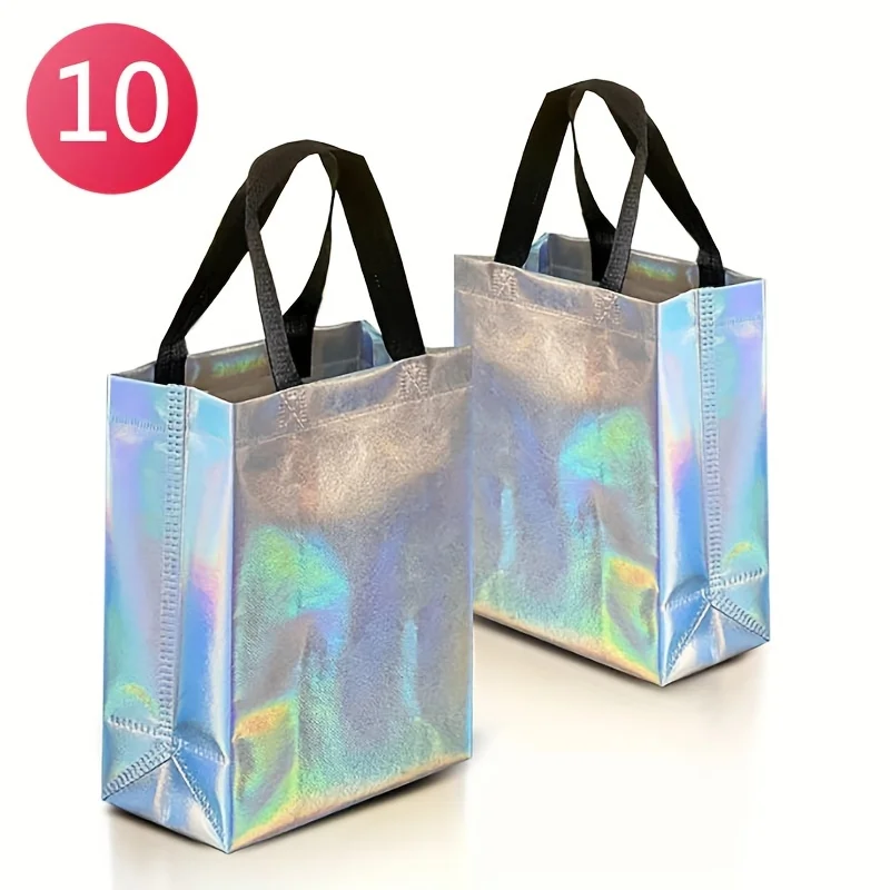 

10pcs/lot Iridescent Gift Bags Stunning Reusable Holographic With Handles Birthday Gift Bags Party Favor Bags 20x10x25cm