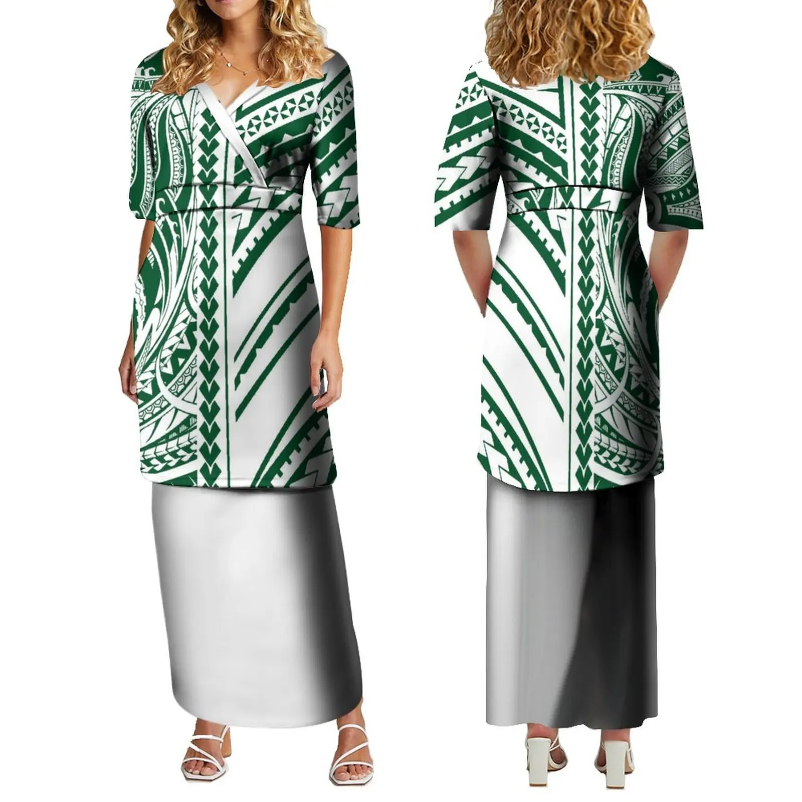 Puletasi-Vestido de camada dupla polinésia personalizado, manga curta, saia longa com decote em v, vestido temperamento, tecido de qualidade, novo, verão, 2023