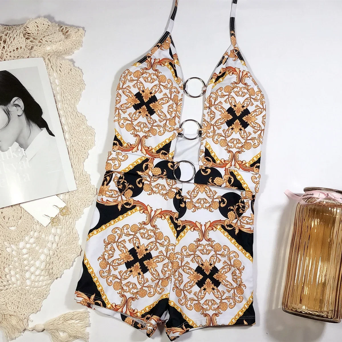 2 Colors Sexy One Piece Swimsuit Swimwear Women Vintage Retro Print Metal Ring Hollow Deep V-neck Halter Bathing Suit Beachwear