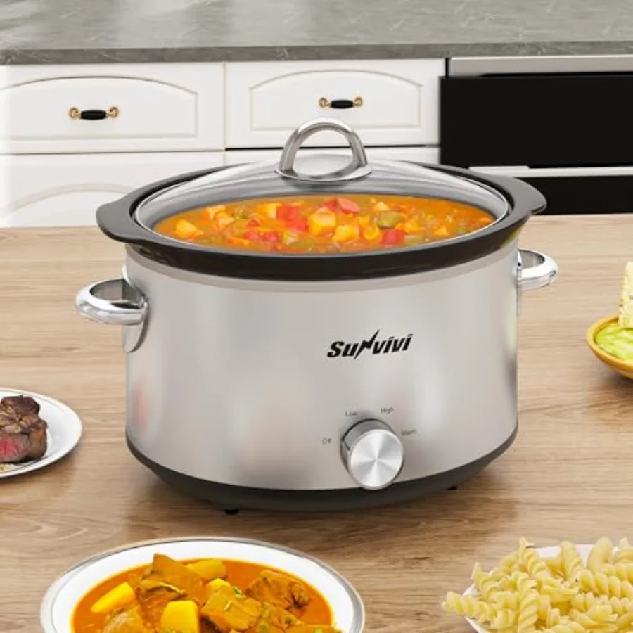 

4 Quart Slow Cooker and Mini Food Warmer with 3 Heating Settings Removable Ceramic Pot Dishwasher Safe Glass Lid Stainless Stee