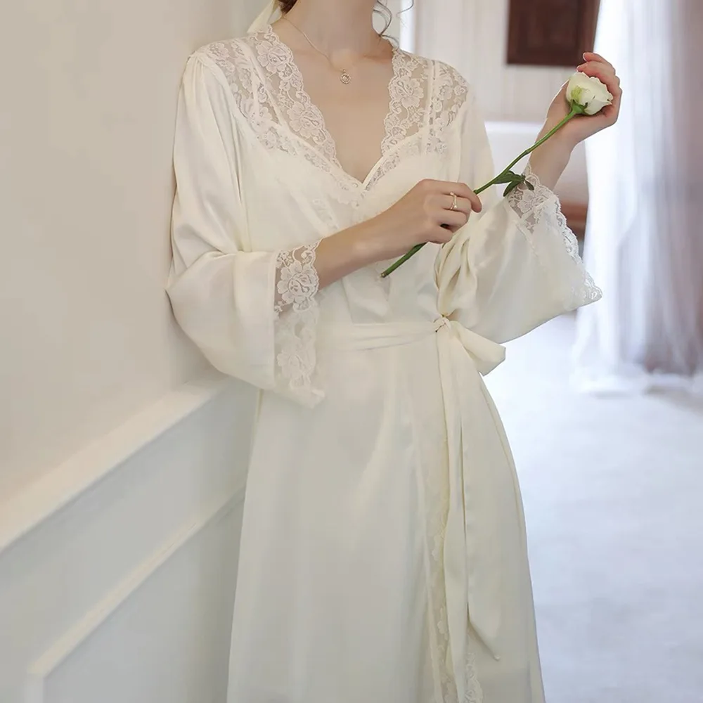 

Vintage Palace Style Chemise Nightdress Satin Robe Set Grace Lace Flower Bathrobe Sleepwear Nightgown Loose Intimate Lingerie