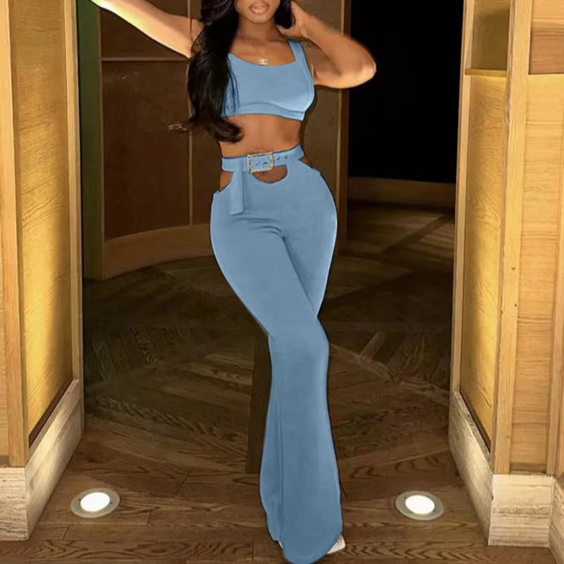 

Trendy Hot Girl Pants Sets Sexy Sleeveless Cropped Top Hollow Out High Waist Trousers Two Piece Set Fashion Streetwear Lady Suit