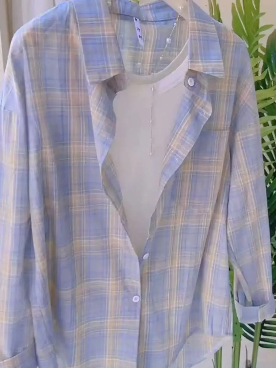Blue Plaid Women's irt Thin Breathable Long Sve Summer Lazy Sle Faionable Outerwear Design Korean Loose Fit Polyester
