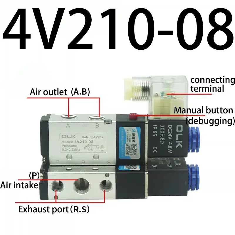 HLH 4V210-08 Pneumatic Electric Solenoid Valve 2 Position 5 Port With Fitting DC12/24/ AC24/110/220V Control Valve Electromagnet