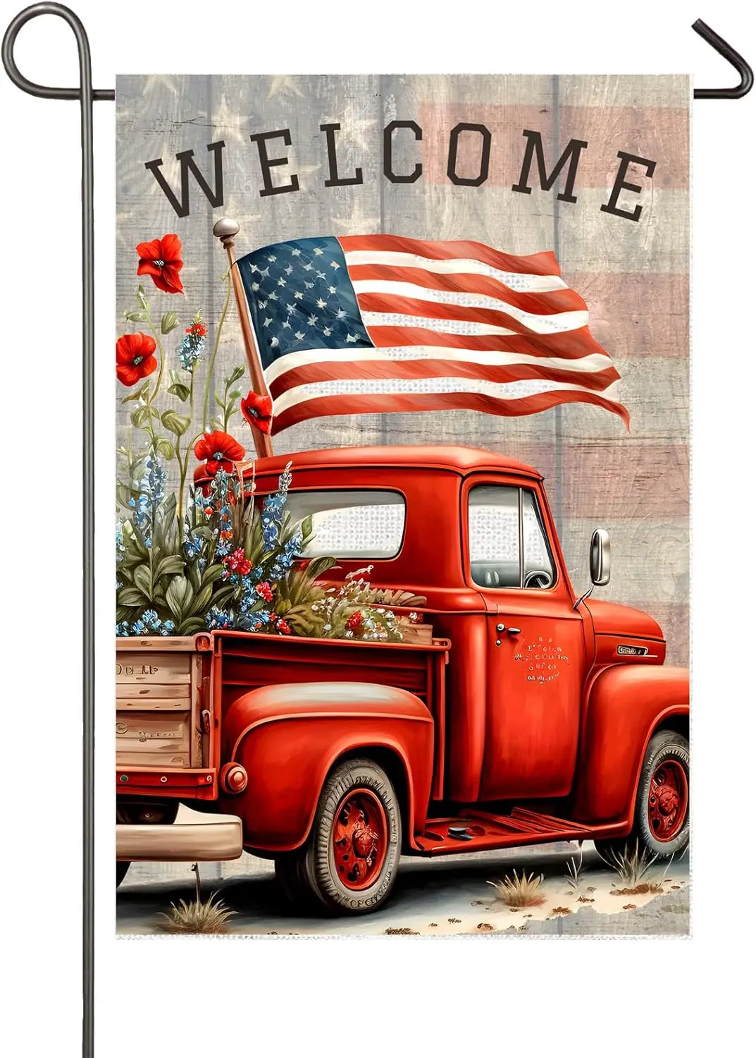 4th Of July Patriotic Garden Flag Red Vintage Truck Wildflowers American USA Flag Welcome Yard Flags for Outside 12x18 Inch Doub