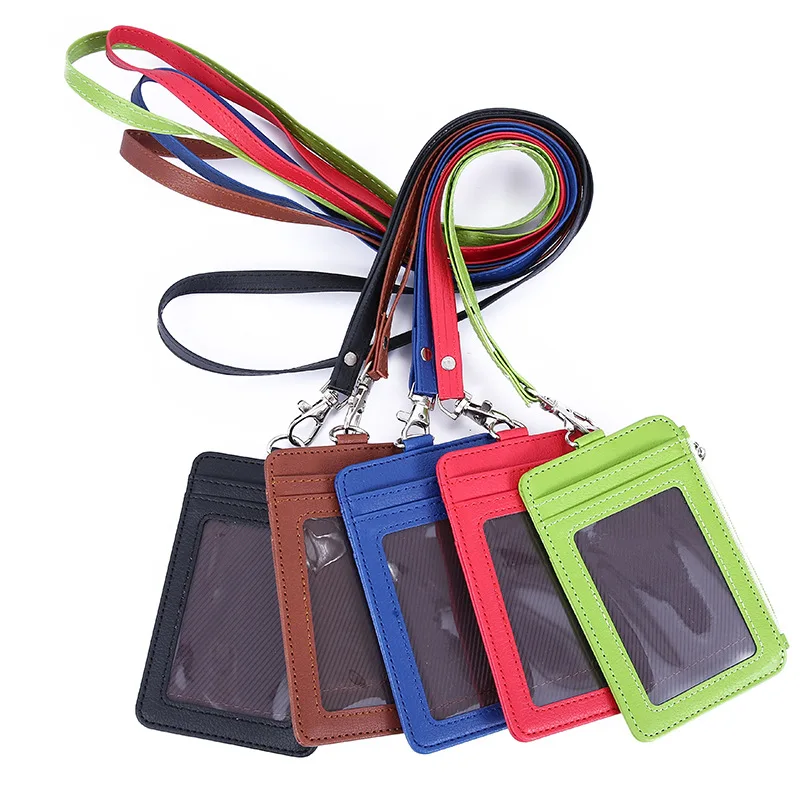 Pu Work Card Holder With Zipper Hanging Tag Work Id Card Bag Change Hanging Rope Certificate Holder Leather Cover Chest Card