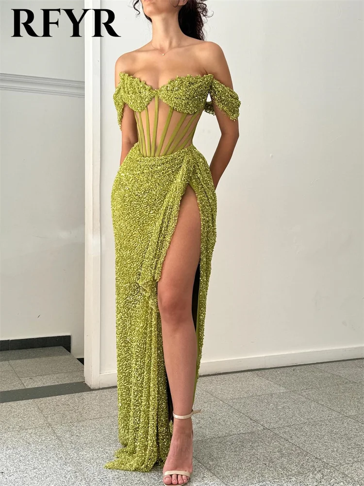 RFYR Sage Green Sweetheart Sexy Prom Dress Sequin Evening Gown for Woman Fishbone Off the shoulder Party Dress with Side Split