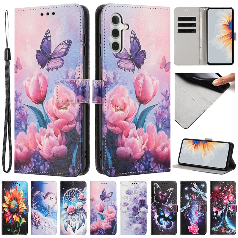 For Samsung S26 FE Case Wallet Protect Case on for Samsung Galaxy S26 FE SM-S741B Flip Cover Painted Pattern Flower Etui Funda