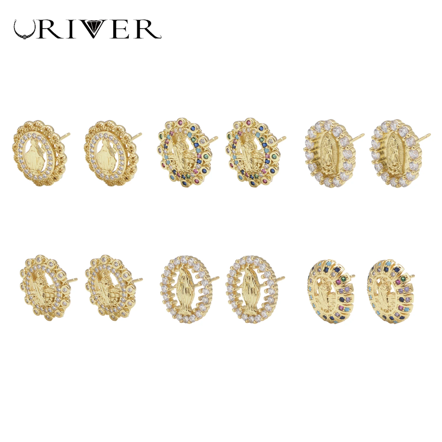 

3 Pairs Gold Plated Virgin Mary Earrings for Women Studs Brass CZ Crystal Oval San Judas Earrings Jewelry Lady's Ear Jewelry