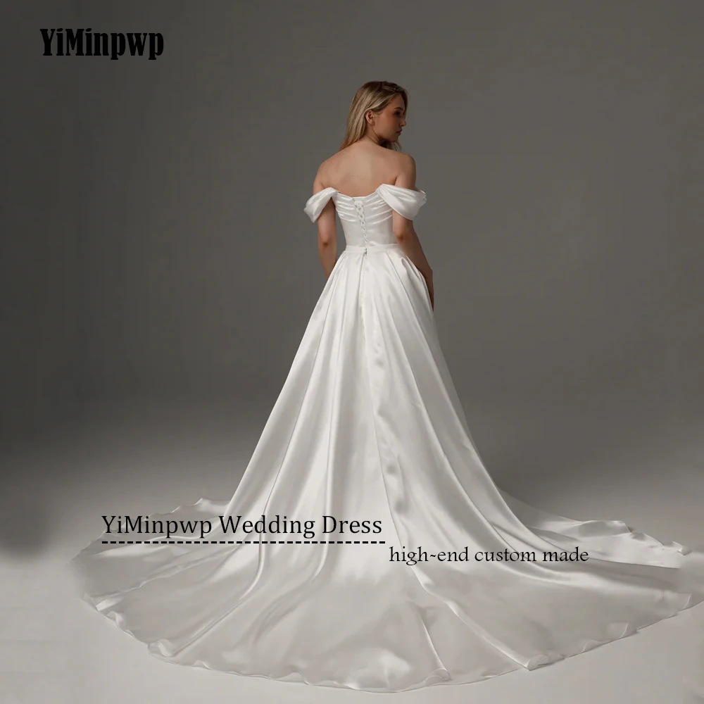 فساتين زفاف أنيقة من الساتان مع ذيل قابل للانفصال بدون أكتاف على شكل حرف a مشد مخصص لحفلات الزفاف 2022 Rode De Morrie