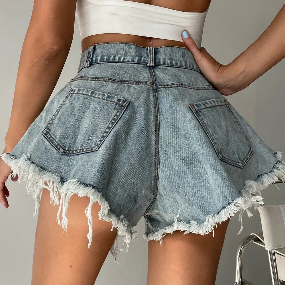High Waist Womens Denim Shorts Spring Summer Denim Cotton Holes Splicing Shorts Loose Tassel Booty Shorts Sexy Club Short Jeans