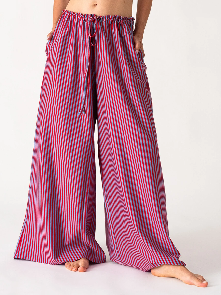 Women's Fashion Spring Summer Baggy Pants Solid Color/Striped Elastic Wiast Drawstring Loose Wide Leg Trousers