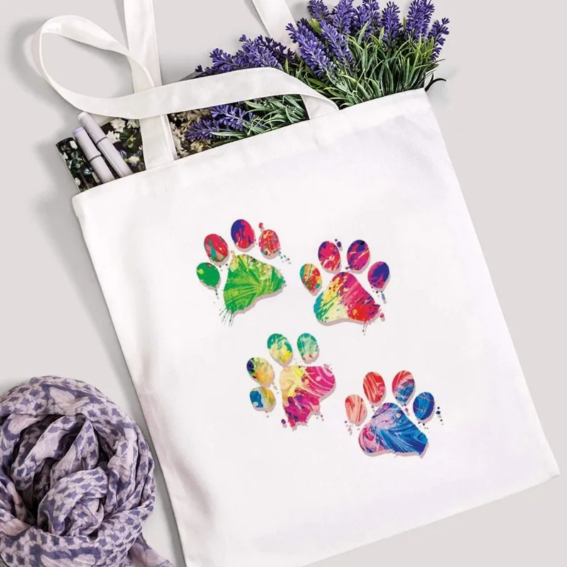 Semplice borsa a tracolla con stampa di zampe di cane Peace Love Ladies borsa per la spesa di grande capacità borsa a tracolla portatile in tela per