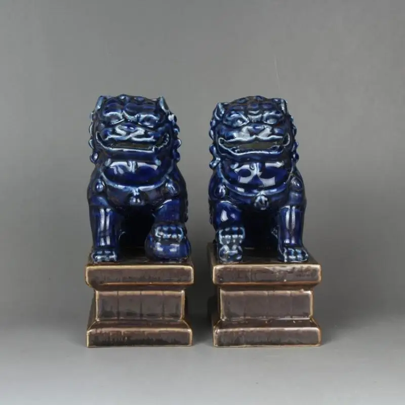 6.2" Collect China Jing De Zhen Blue Glaze Porcelain Duad Lion Figurines Statues view 3